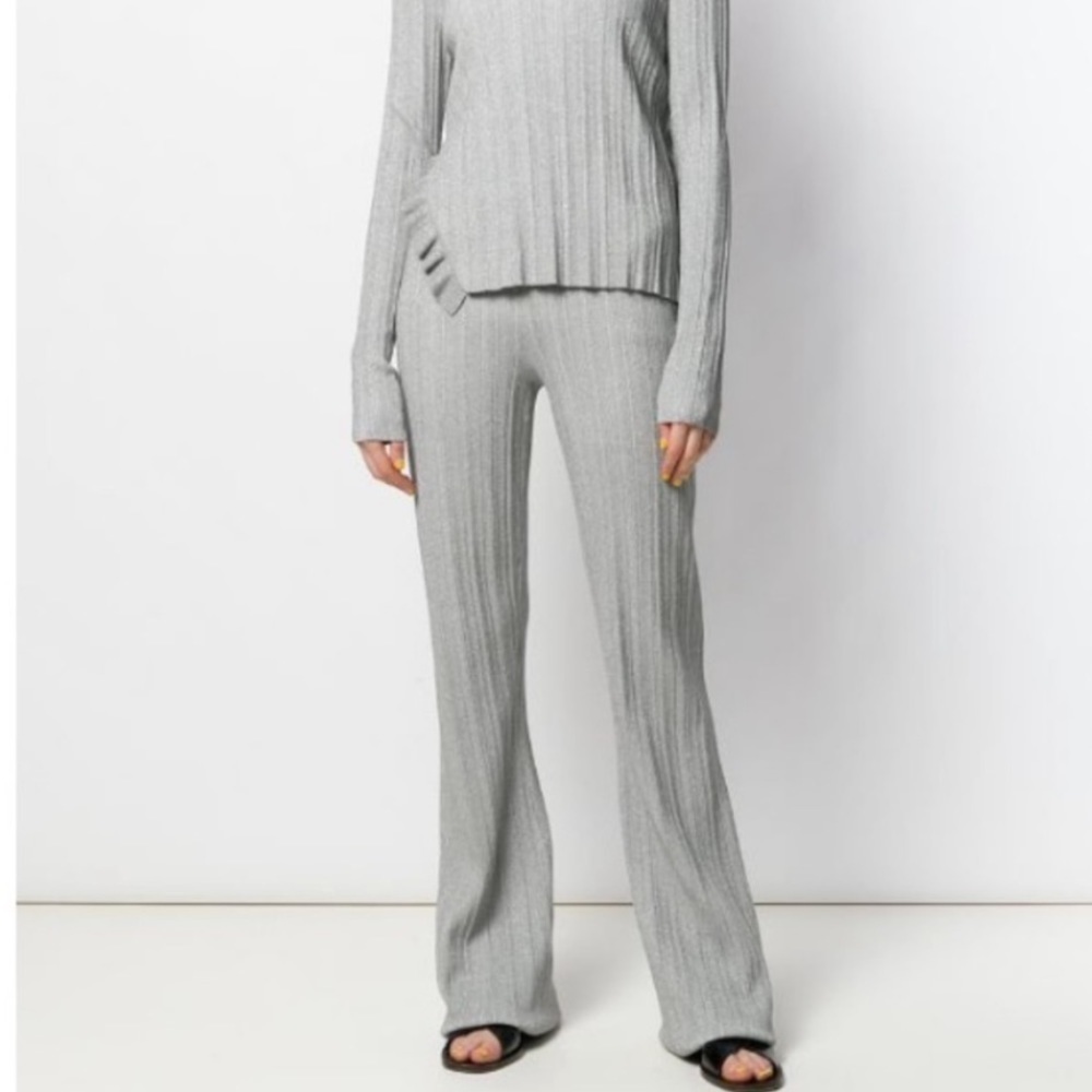 Derek Lam Crosby 10 Rasia Silver Metallic Flare Knit High Waist Trouser Pant XS
